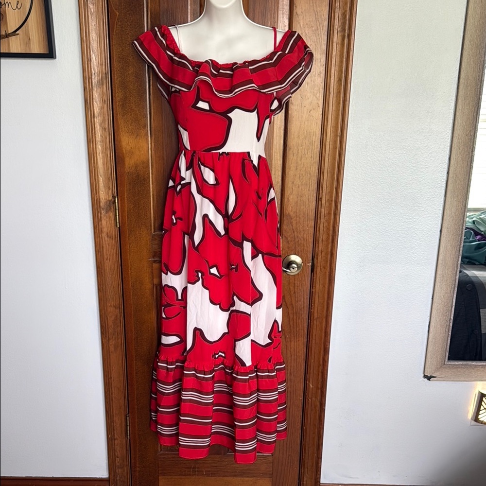Nine West Red and White Ruffled Tiered Maxi Dress